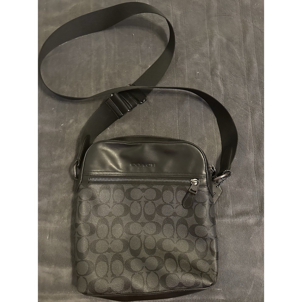 Coach Signature Canvas Crossbody Bag Unisex Black Gray‎ Used Once